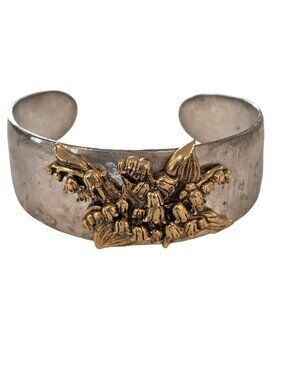 Lily of the Valley Silver & Gold Tone Floral May Birthday Cuff Bracelet